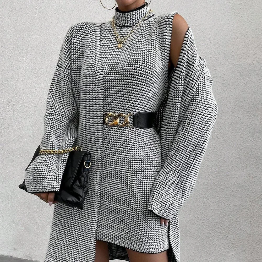 Black And White Casual Womens Turtleneck Drop Shoulder Cardigan & Sweater Dress - Picture 3 of 5